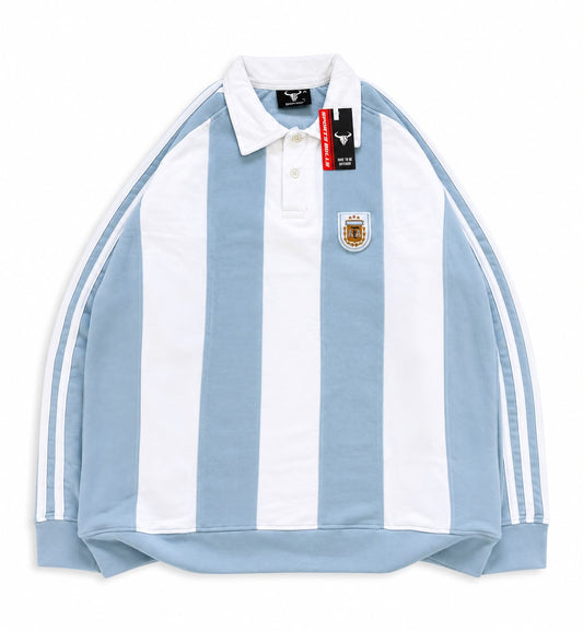 WHITE-BLUE STRIPE POLO FULL SLEEVE T SHIRT- EMBROIDERY