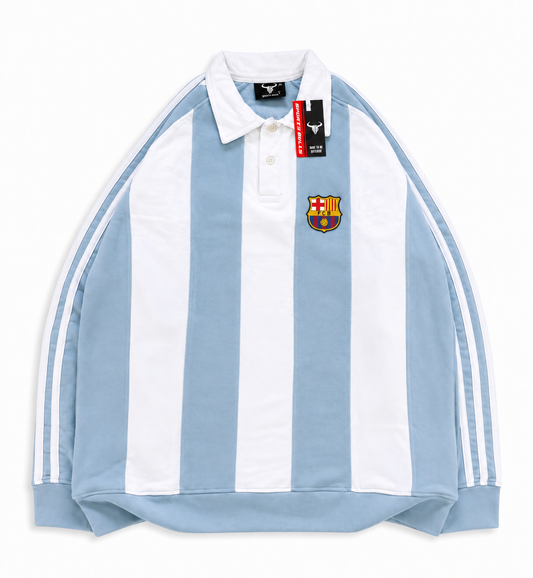 WHITE-BLUE STRIPE POLO FULL SLEEVE T SHIRT- EMBROIDERY