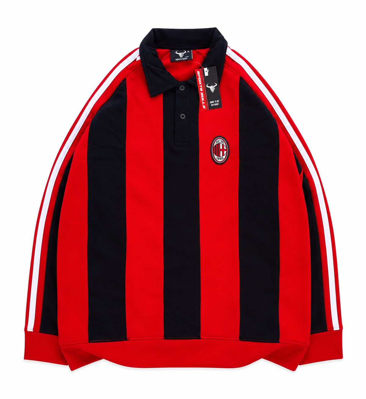 BLACK-RED STRIPE POLO FULL SLEEVE T SHIRT- EMBROIDERY