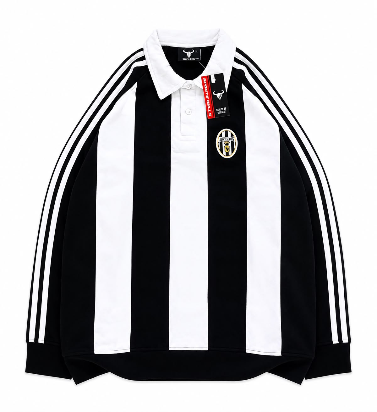 WHITE-BLACK STRIPE POLO FULL SLEEVE T SHIRT- EMBROIDERY