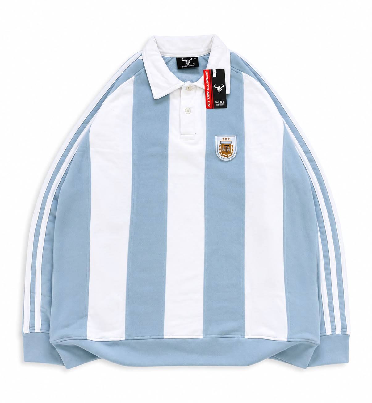 WHITE-BLUE STRIPE POLO FULL SLEEVE T SHIRT- EMBROIDERY